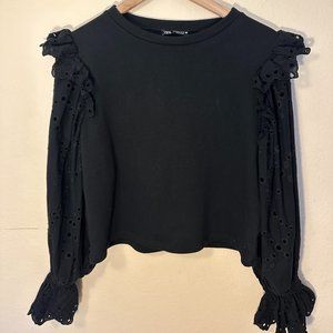 Zara Sweatshirt Eyelet Puff Sleeve Ruffle Shoulder Top